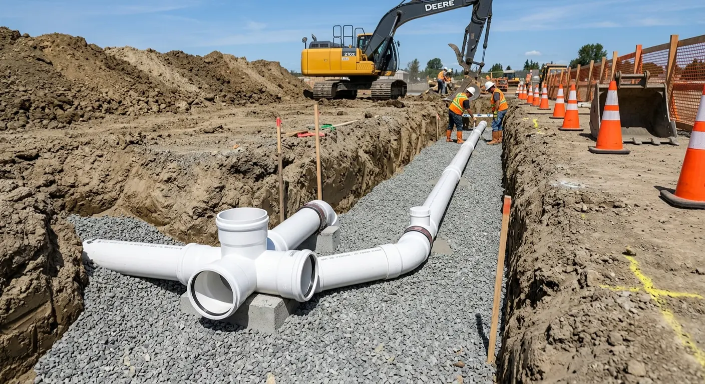 New PVC sewer pipe installation in open trench for Sewer Backup in Morgan Hill