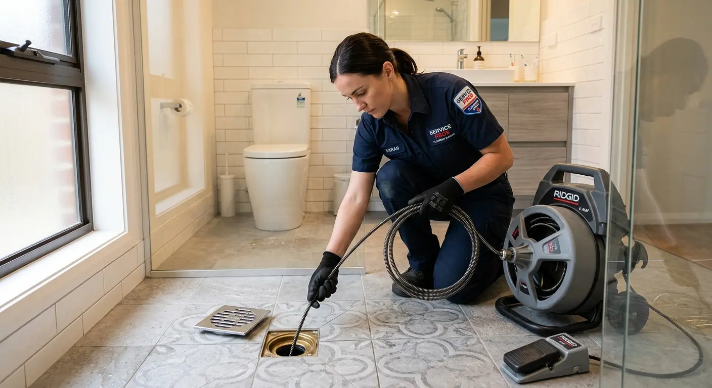 Technician clearing a bathroom floor drain for Drain Cleaning in Morgan Hill